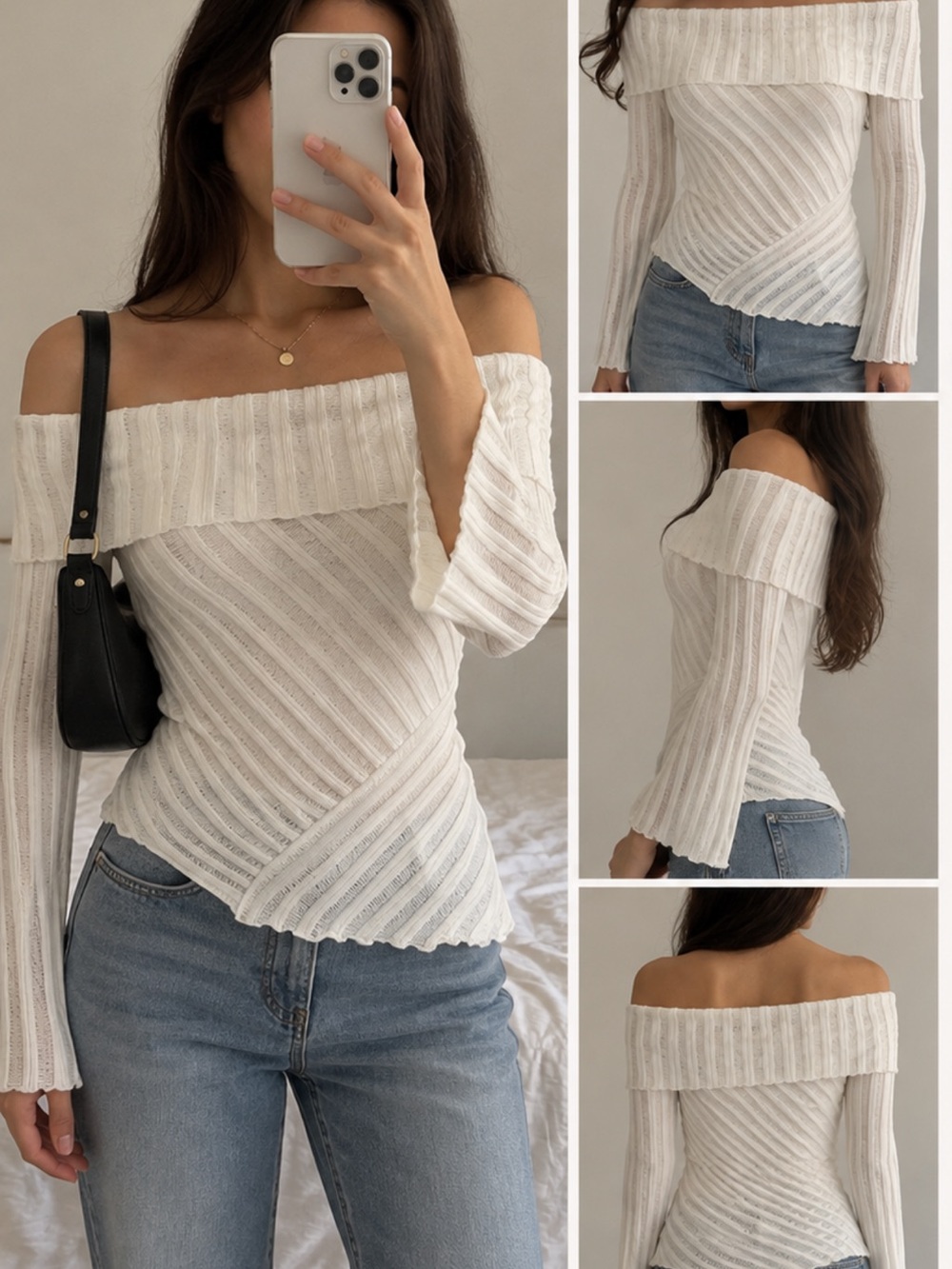 Princess Polly Off-the-Shoulder Ribbed Knit Sweater in Cream